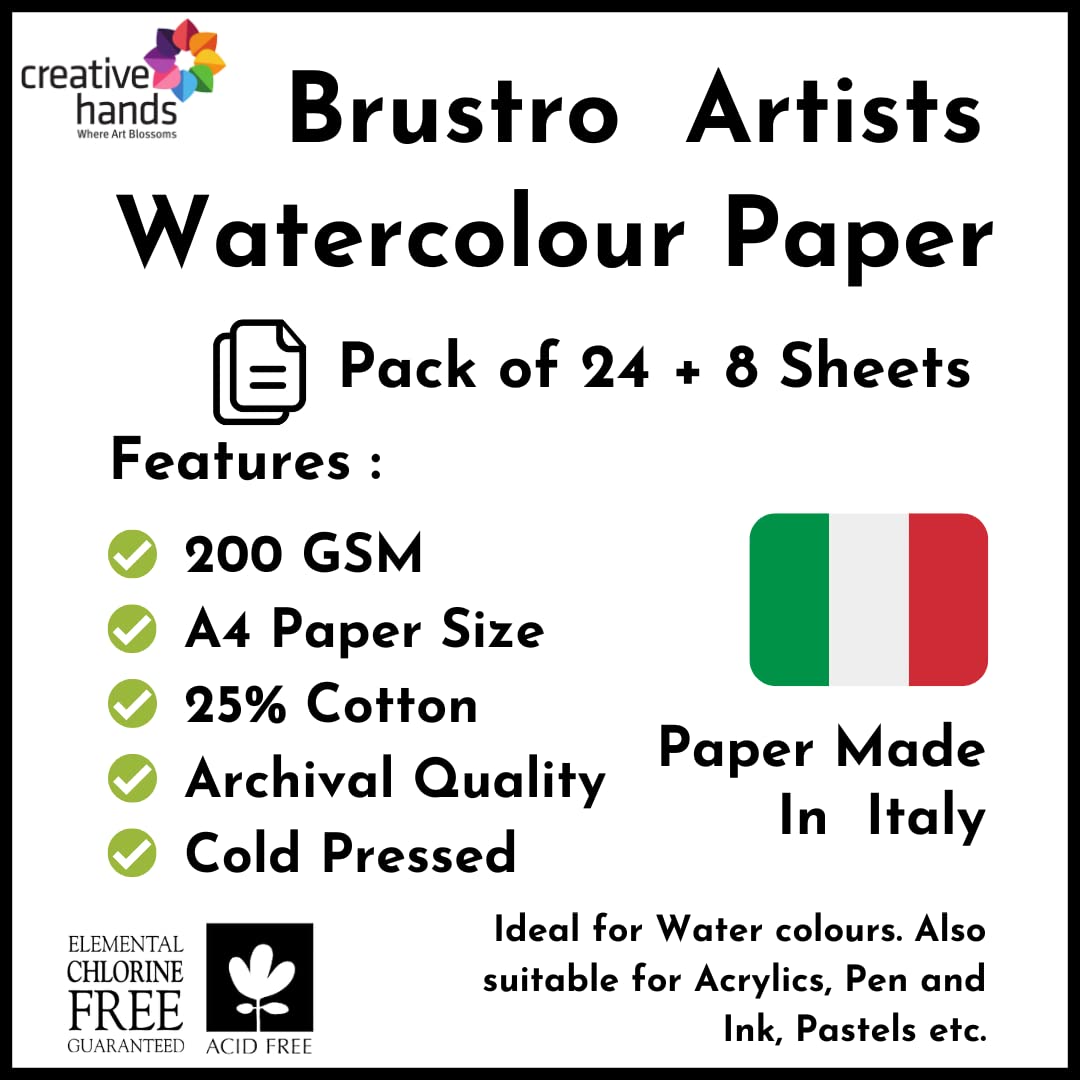 Brustro Künstler-Aquarellpapier, A4, 200 g/m², 25% Baumwolle, kaltgepresst, 32 Blatt