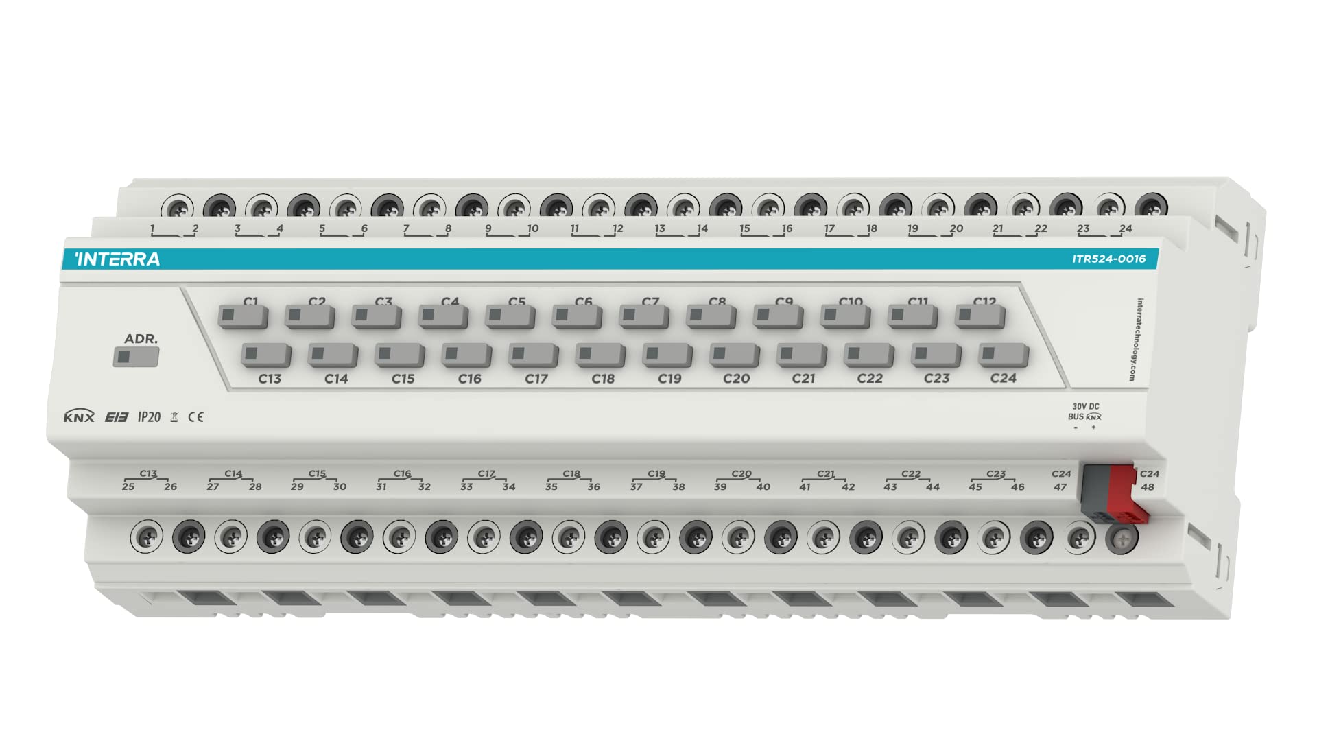 INTERRA Actionneur KNX 24 voies 140 µF - Actionneur combiné - Actionneur universel - Actionneur de volet roulant - C - Actionneur de charge - 24 canaux de 16 A