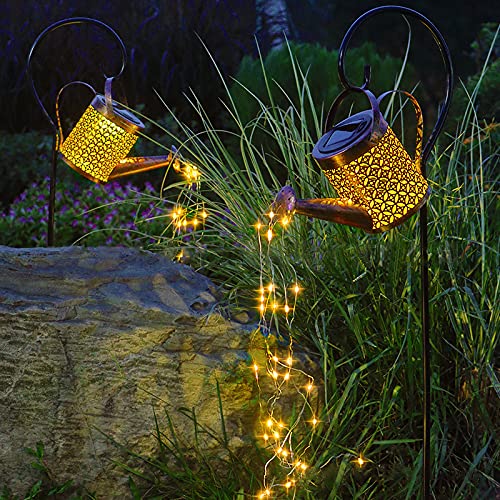 Solar Garden Fairy Lights Hollow LED Watering Can Lights Outdoor Decoration Star Shower Garden Art String Lawn Lamp Garden Stake Light for Pathway Yard Lawn Patio Landscape Decor