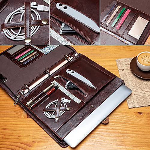 Yiwen Handmade Genuine Leather Portfolio, Zippered Padfolio With 3 Ring Binder, Professional Business Organizer, Resume Folder, Notebook Organizer With Tablet (Non-Custom, Oil Wax) #TOP6