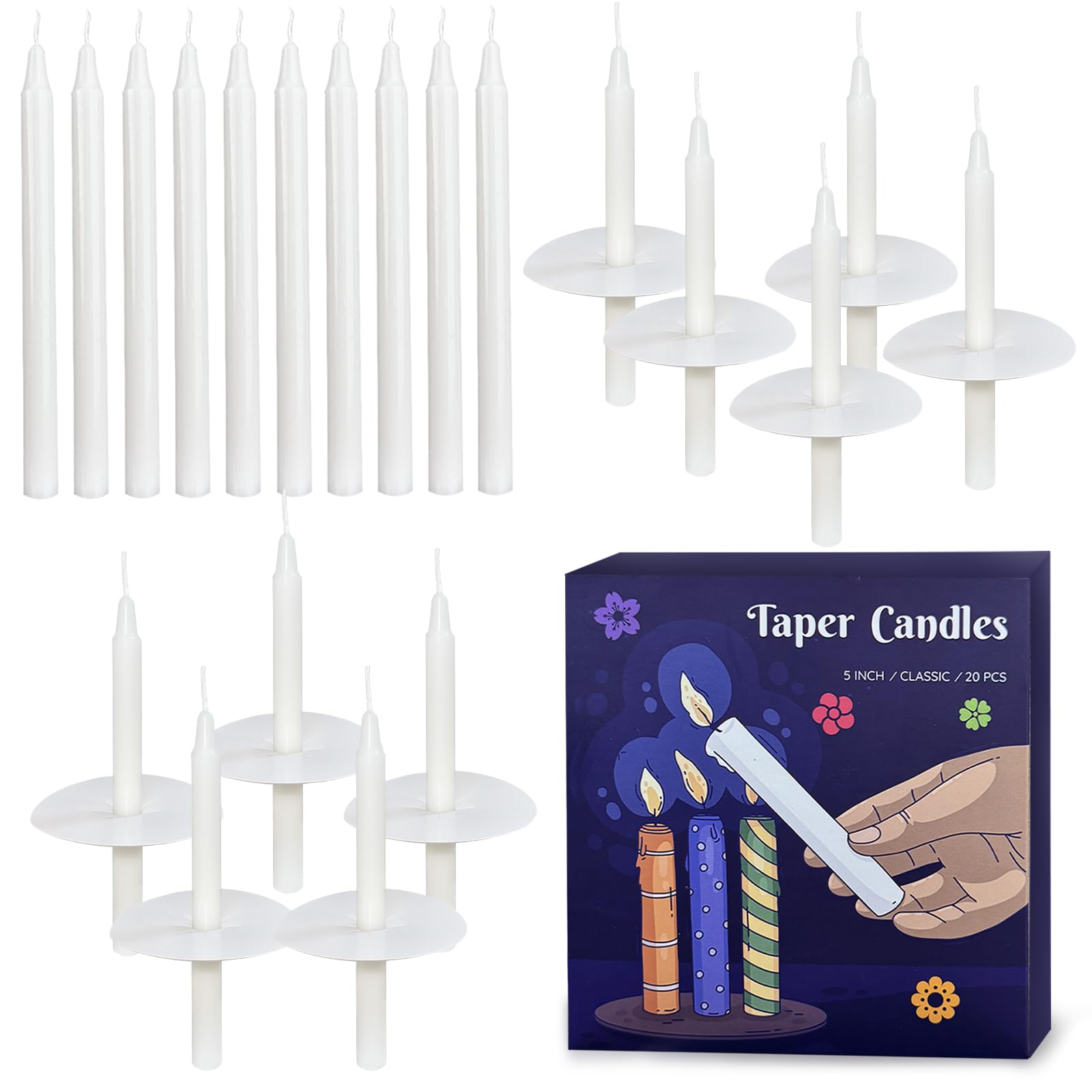 20 Church Candles with Drip Protectors for Devotional Candlelight Vigil Service, Box of 20 Candles, Unscented White 5" H X 1/2" D, No Smoke