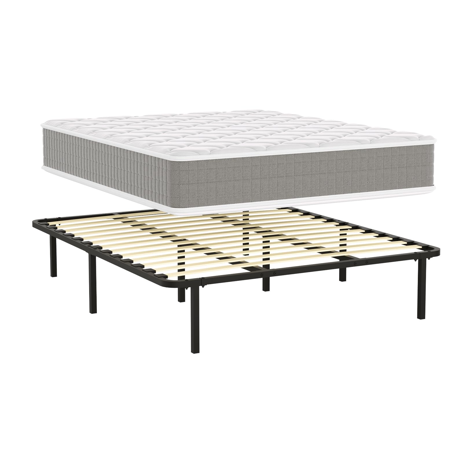 DEWINNER Letto Completo con Materasso in Schiuma 160x190 cm(22 cm di Spessore)- Struttura 35 cm di Altezza (Gambe 32 cm) - Doghe con 7 Gambe e 13 Doghe in Pioppo - Struttura Stabile e Facile da Mont