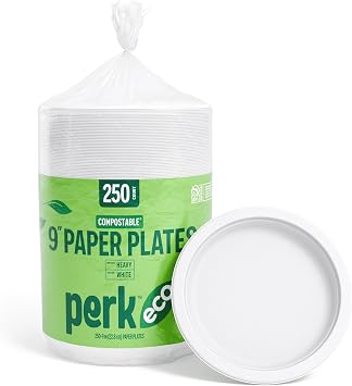 Staples Perk Eco 9 Inch Paper Plates, 250 Count Bulk Disposable Plates for Everyday Meals, Parties & Events