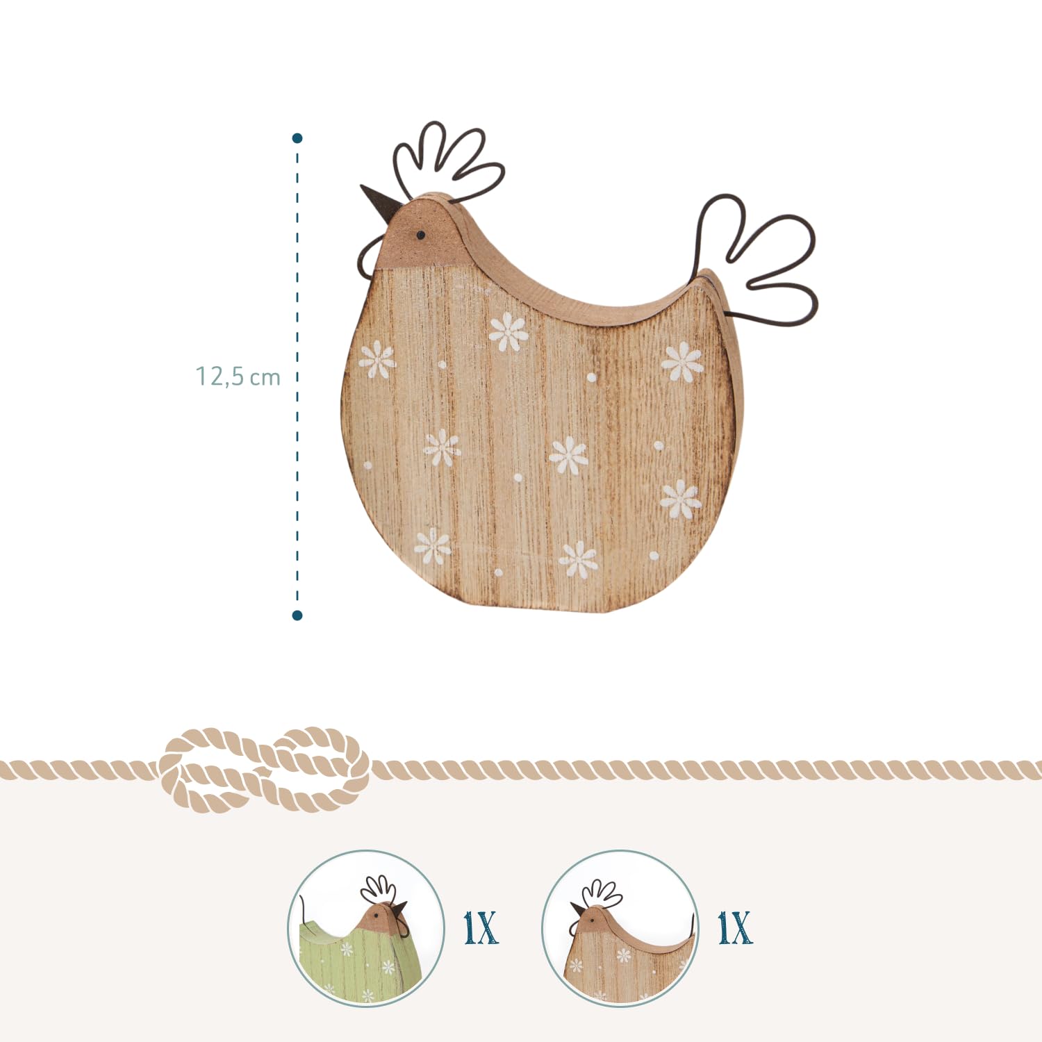 Coppia galline decorative da appoggiare, 2 pezzi: gallina pasquale in legno, decorazione Pasqua rustica, decorazioni primavera naturali, addobbi per la casa, soprammobili verdi, tavola Pasqua, 12,5 cm