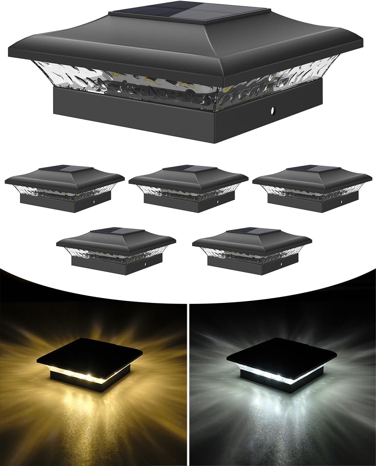ILIKEPOW 6 Stück Solar Pfostenkappe 9x9 10x10, 2 Modi Pfostenkappen Solar, IP65 Wasserdichte Pfostenlichter Solar Pfostenlichter für Holzpfosten, Zaun, Garten (Warmweiß 3000K & Kaltweiß 6000K)