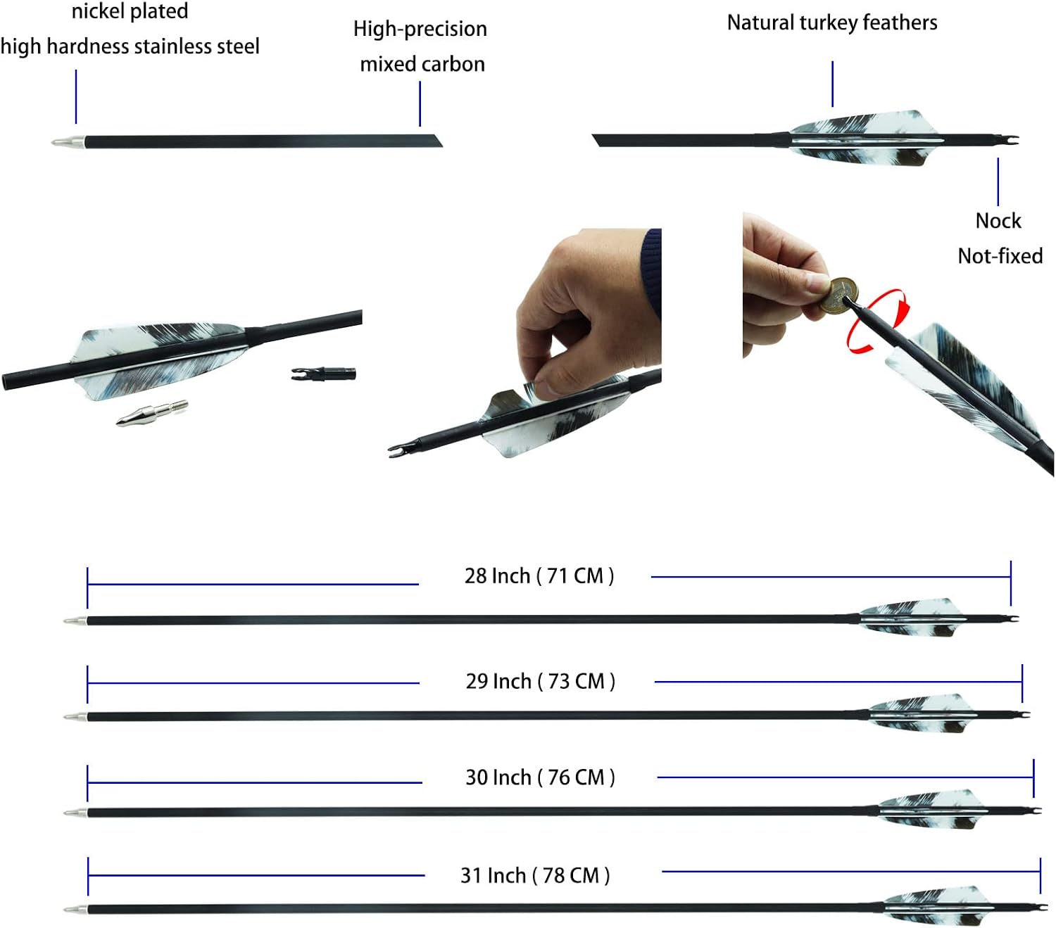28/29/30/31Inch Carbon Arrow Archery Spine 500 4" Natural Turkey feather Competition Practice Target Shooting Hunting Suitable For Recurve Long Traditional Bow And Compound Bow Pack of 12Pcs