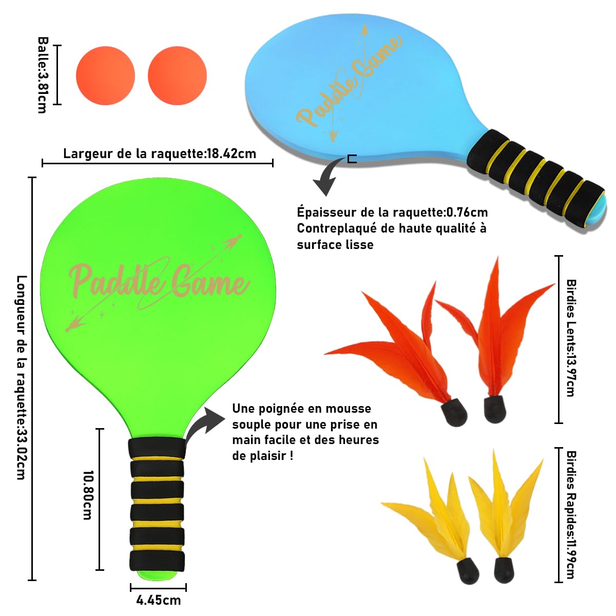 INPODAK Beach Ball Game Set, Beach Ball Racket Set pour Enfants, 2 Raquettes, 4 Volants, 2 balles, Jeu de Paddleball, Jeu de Plage pour Les familles(Bleu Vert, 1 Ensemble)
