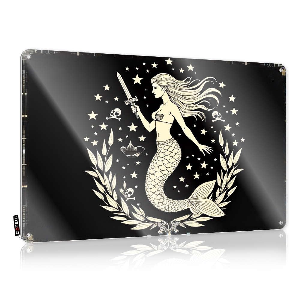 Mermaid Holding A Sword Surrounded By Stars. Chic Wall - Tin Wall Decor Gift For Mechanic Hanging Wall Decor(20X30CM)
