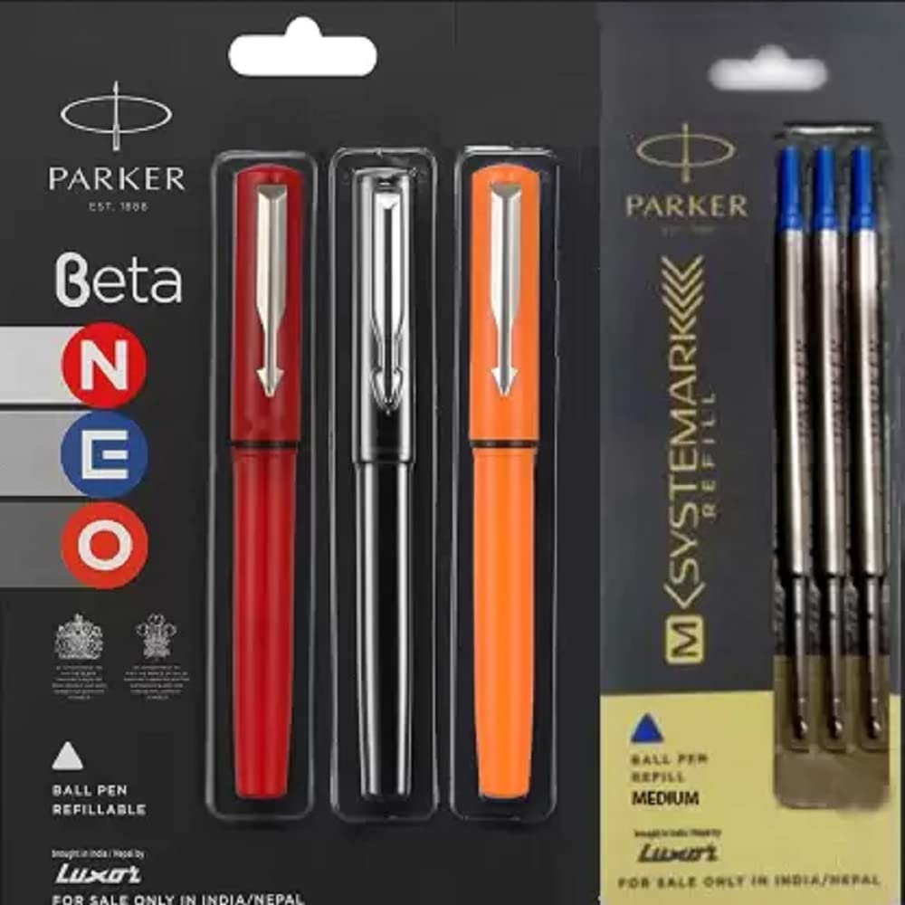 PARKER Beta Neo 3 pens with 3 Refills) Ball Pen (Pack of 6, Blue