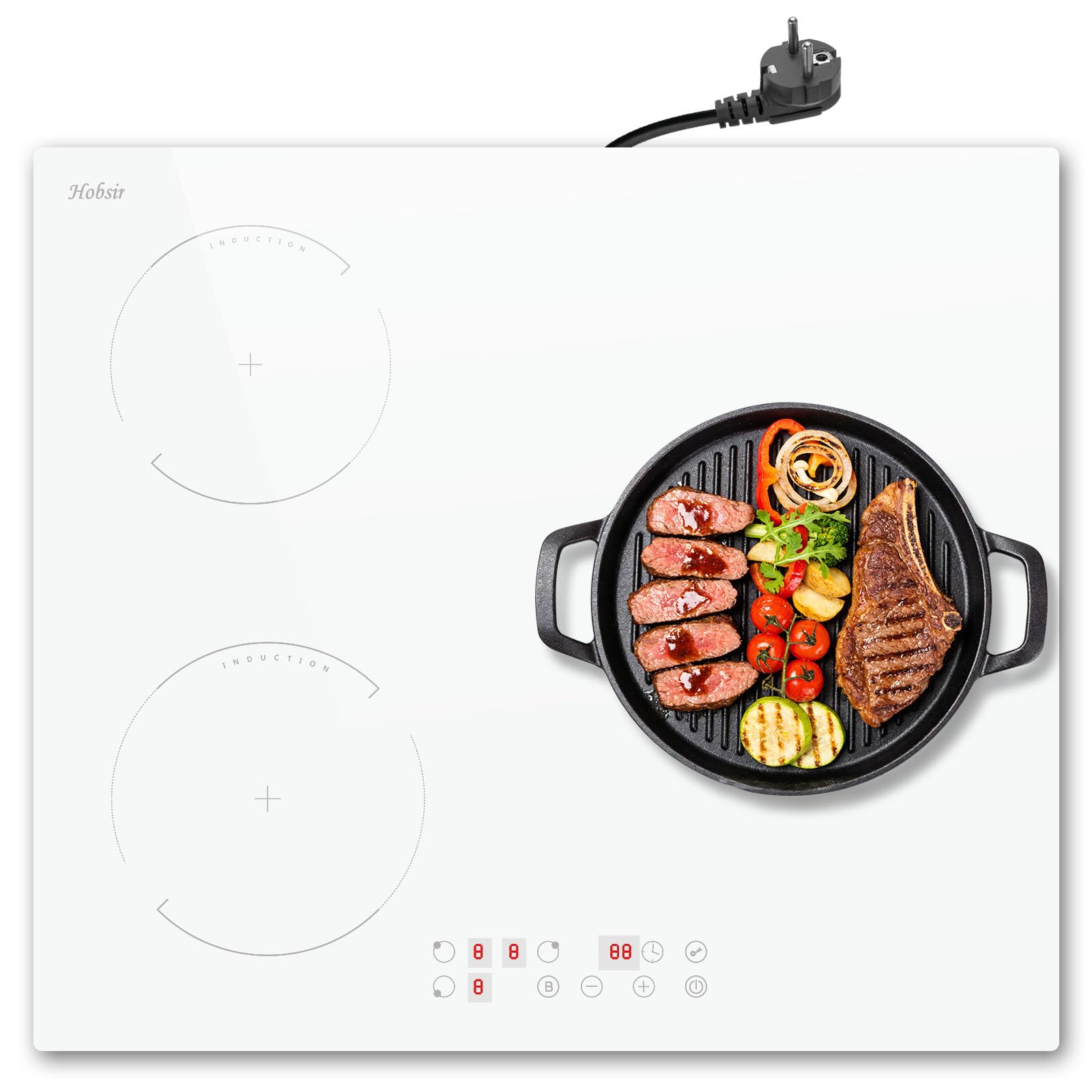 Hobsir Placa induccion 3 Fuegos con Enchufe 60cm, Placa de Inducción Blanca, 3500W, Control Táctil, Función Boost, 9 Niveles de Potencia, Bloqueo Infantil, Temporizador, 220-240V