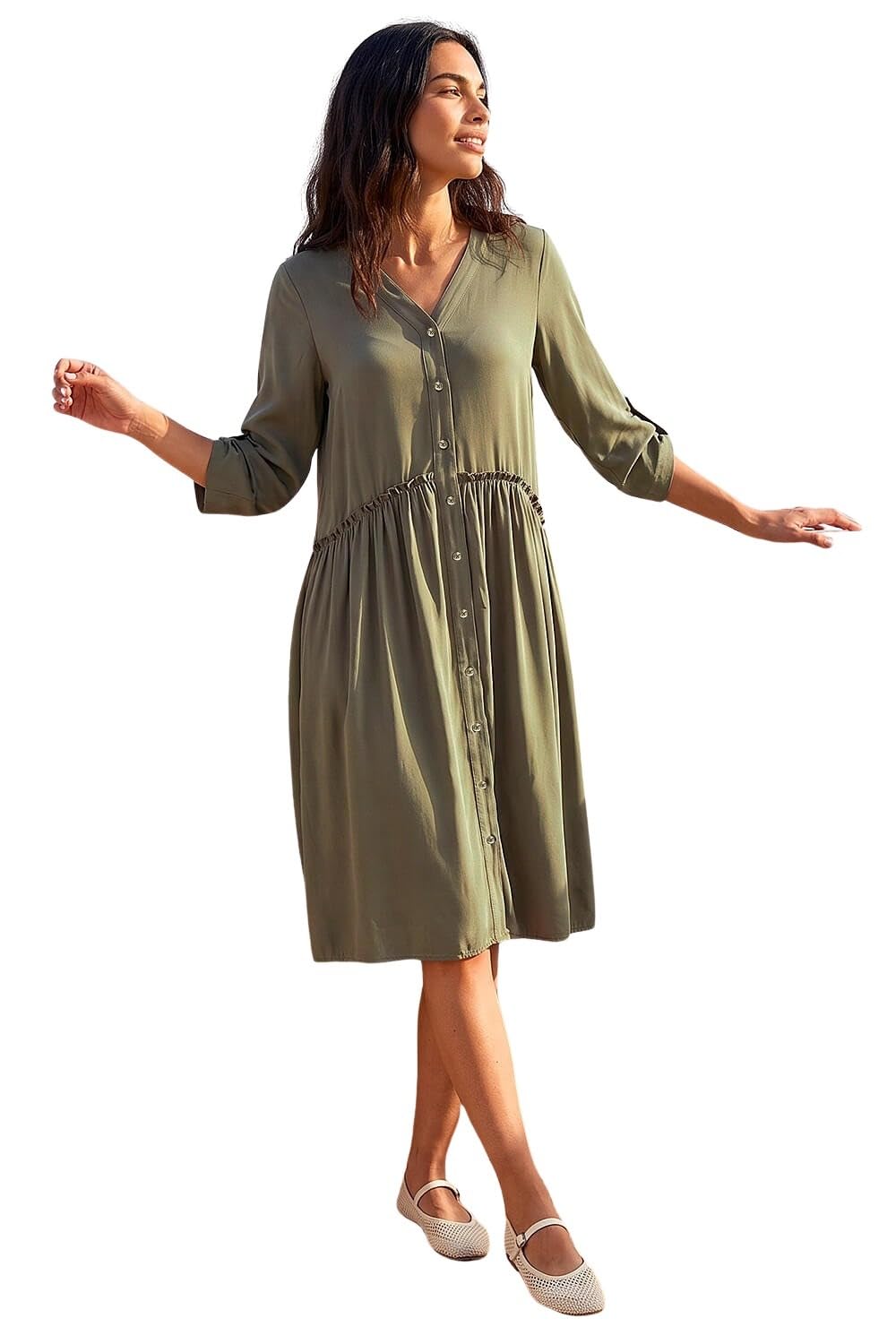 Roman Women's Khaki Satin Drop Waist Smock Dress In Size 16