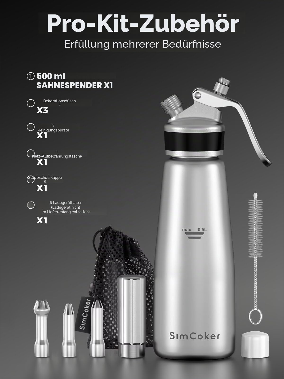 Sahnespender 500 ml aus Aluminium, 3 Tüllen, Silber | Leichter Aluminiumbehälter mit Bürste, Beutel, Kapselhalter und deutscher Anleitung. Sahnekapseln nicht enthalten.