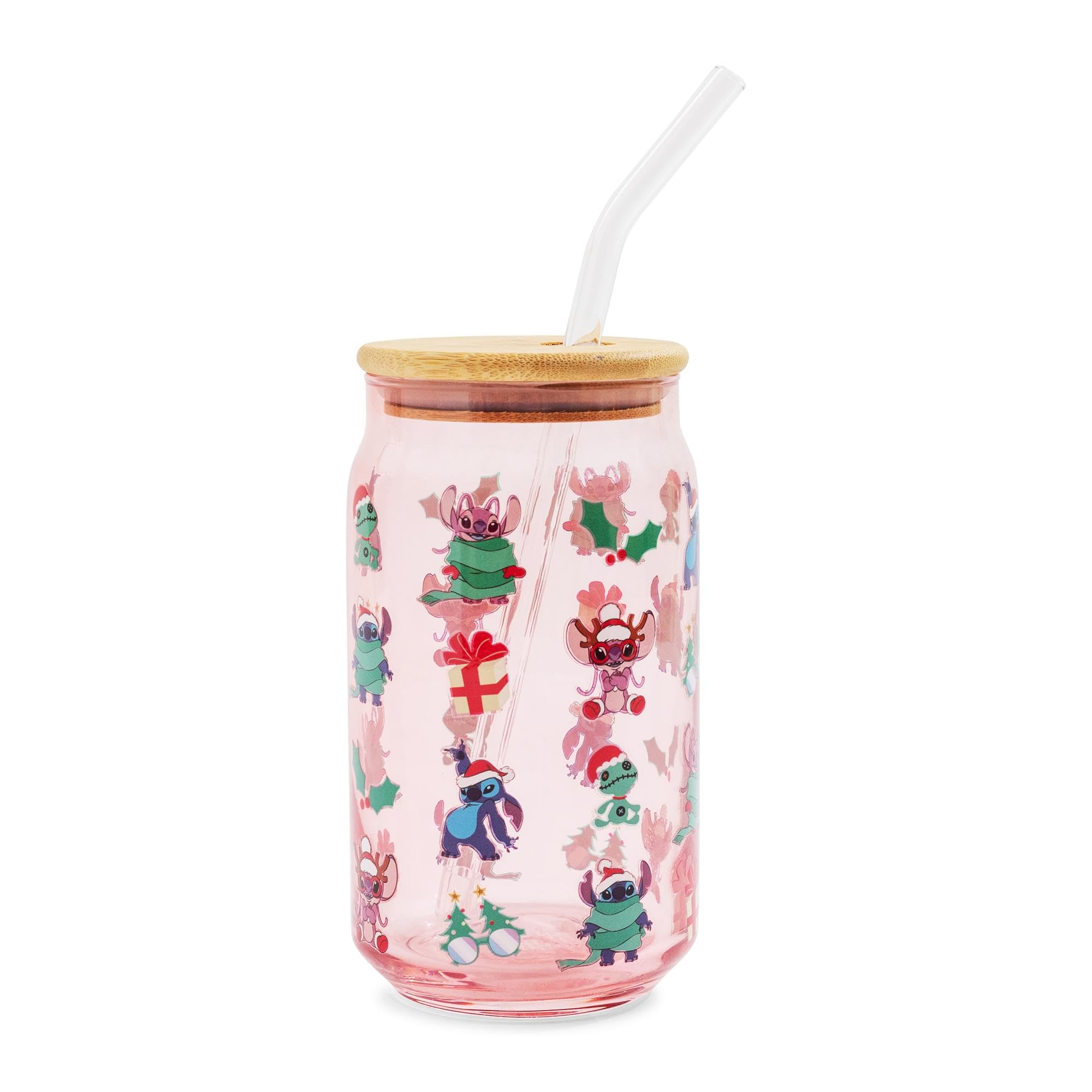 Disney Lilo Stitch Holiday Glass Tumbler With Bamboo Lid and Reusable Glass Straw Holds 16 Ounces