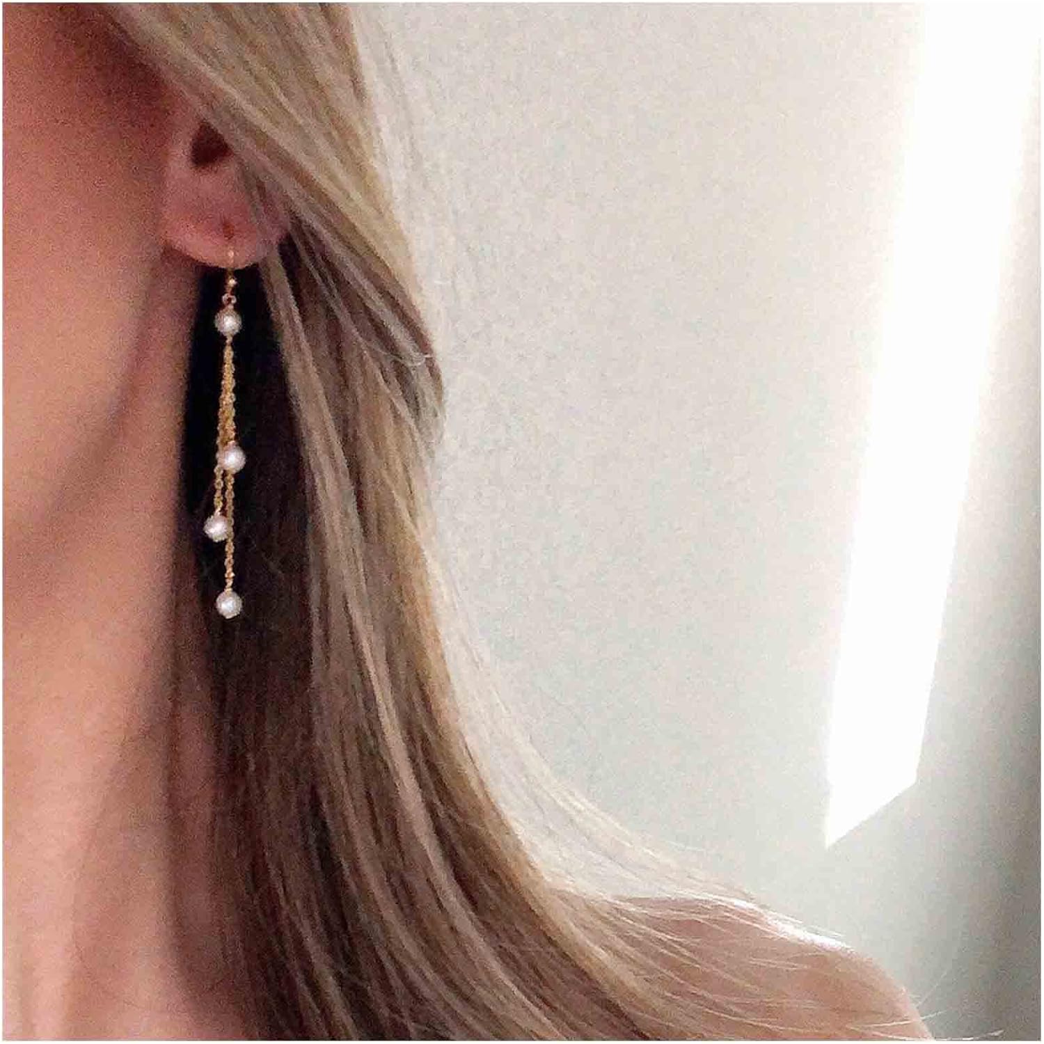 Bohemian Pearl Drop Earrings Gold Pearl Dangle Earrings Long Pearl Tassel Chain Earrings Pearl Fringe Chandelier Earrings Jewelry for Women - Image 2