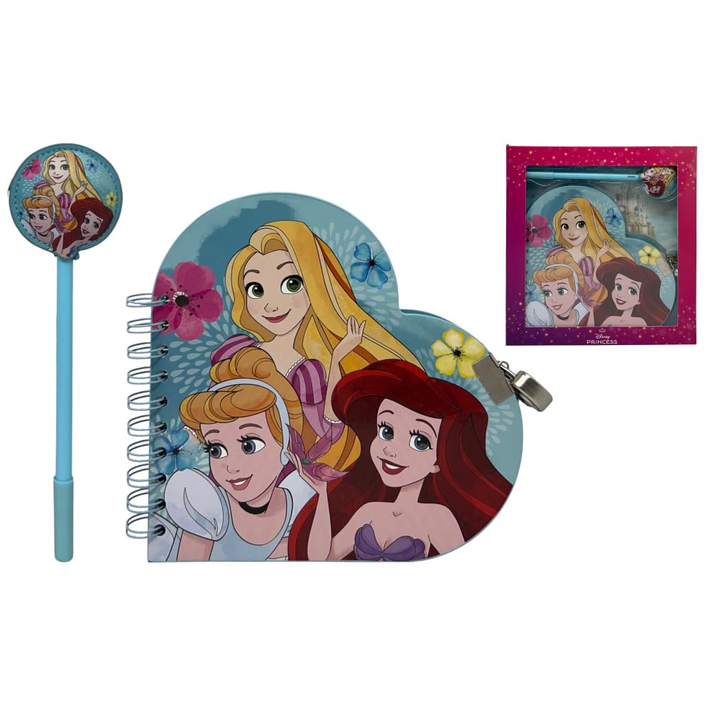 CARTOON Disney Princesses Secret Diary with Pen for Kids 2 Pieces Heart Shaped Diary with Lock Pen with Application