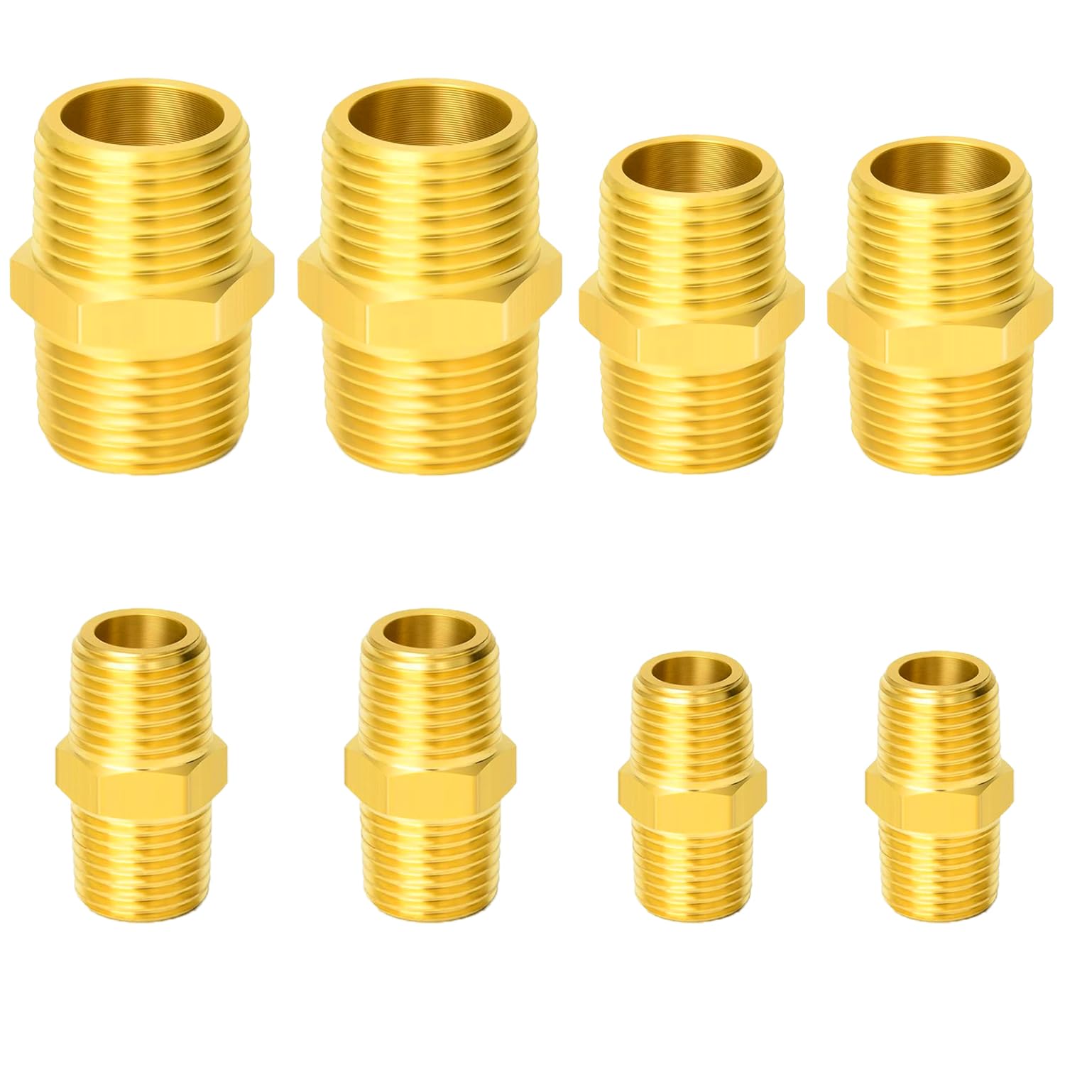 CAMNWAMN 8PCS Brass NPT Hex Nipple 1/8 x 1/8, 1/4 x 1/4, 3/8 x 3/8, 1/2 x 1/2, NPT male Pipe Fittings Set(8pcs Hex Nipple)