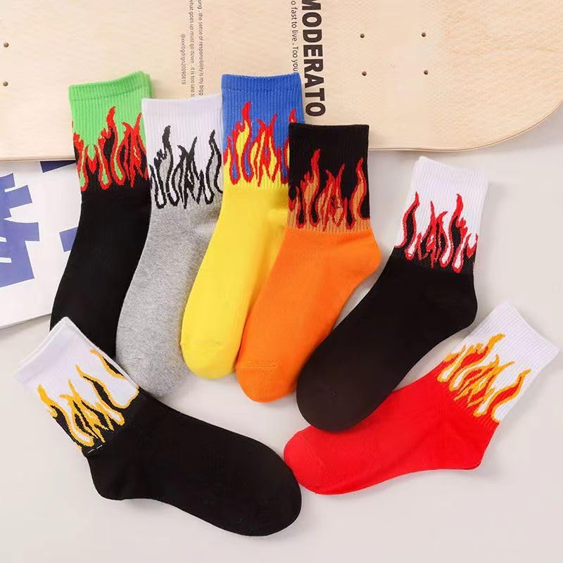 Image of FIRE SOCKS Women Flame Socks Fashion Men Fire Print Crew Socks Breathable Cotton Casual for Fall Winter Sports