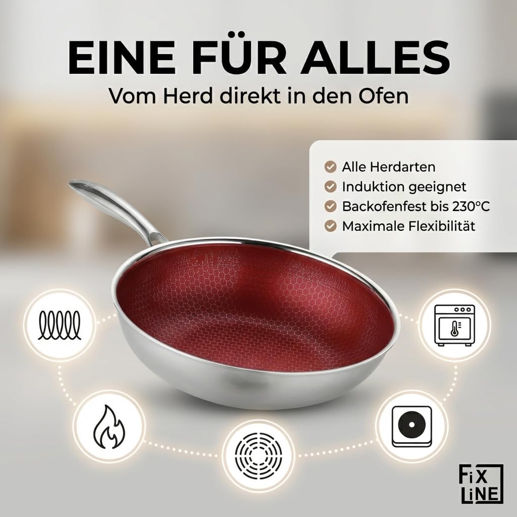 FIXLINE® BLACK FOREST Wokpfanne 28cm - kratzfeste Beschichtung ohne PTFE - alle Herdarten inkl. Induktion - Backofengeeignet bis 230°C - Einfache Reinigung - Perfekte Geschenkidee