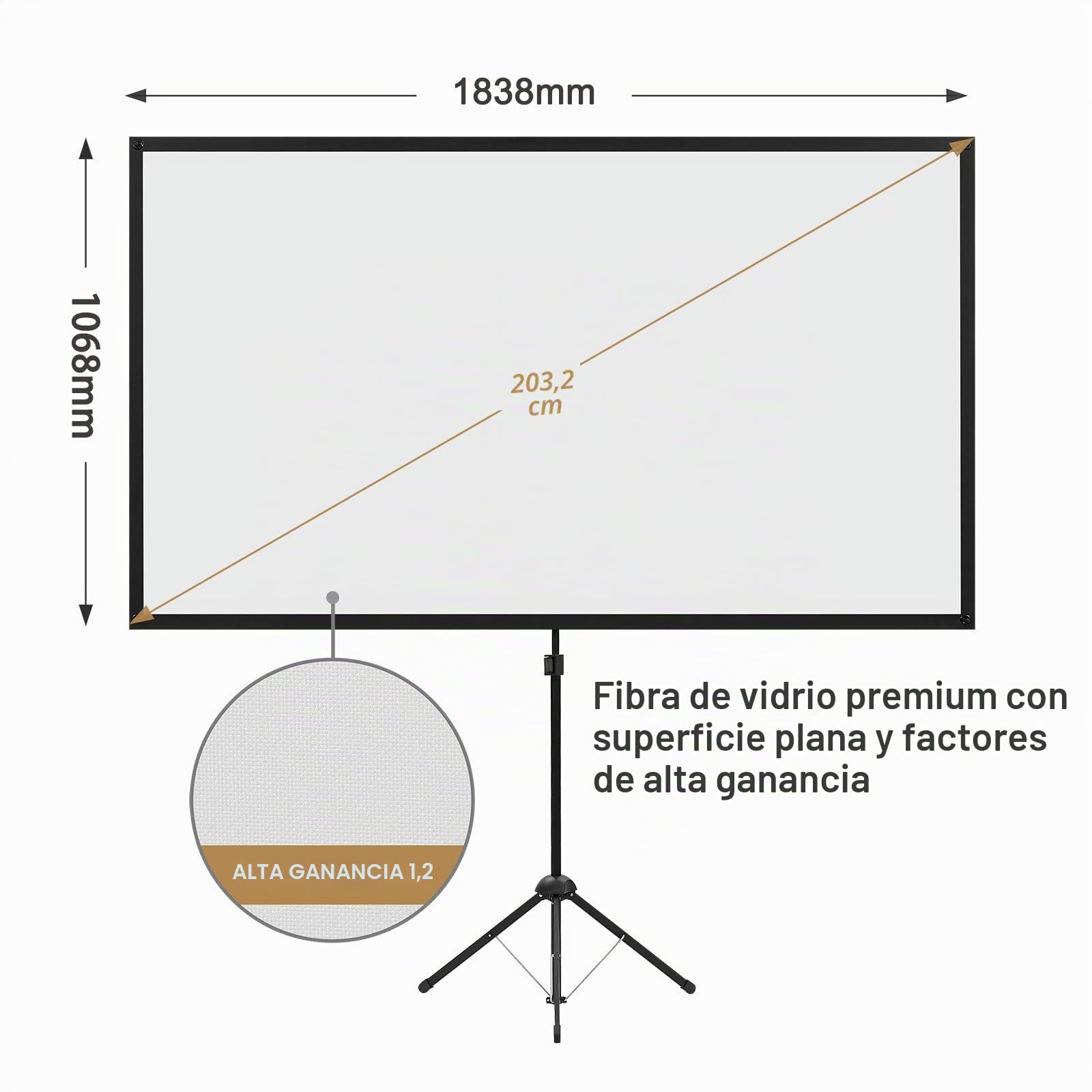 Pantalla de proyector con trípode, Pantalla de proyector portátil de 80 Pulgadas, 16:9, Pantalla de proyección 4K HD, Ligera y compacta, Fácil de Instalar y Transportar, Ideal para Cine en casa.