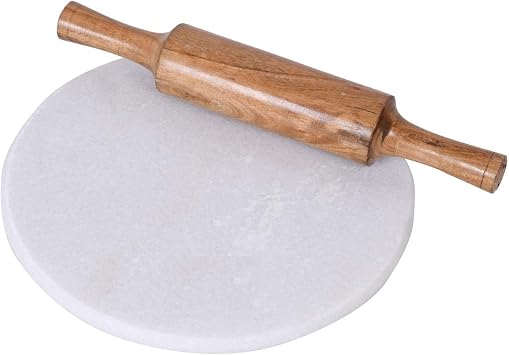 Indian White Marble Roti Maker with Wooden Belan | 10 Inch Diameter | White Marble Chakla & Wooden Rolling Pin Set