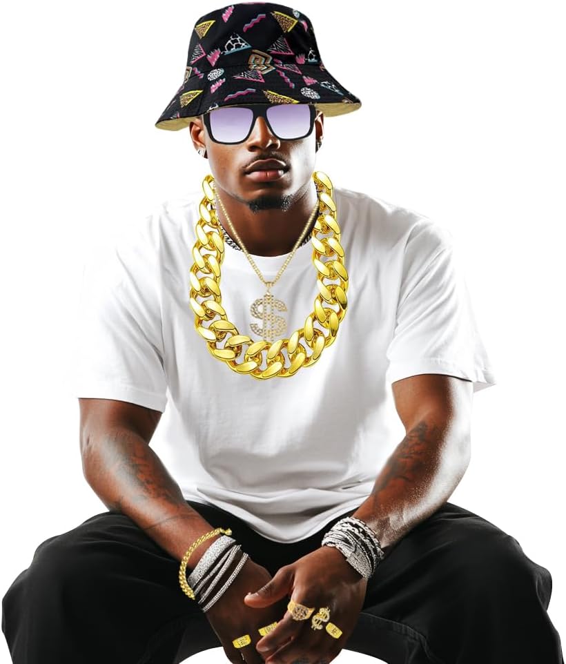 80s 90s Hip Hop Costume Kit Cool Rapper Bucket Hat Accessories Dollar Sign Gold Chain Unisex - Image 3