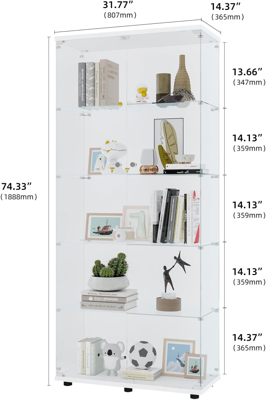 Two Door Glass Cabinet Glass Display Cabinet with 5 Shelves, White