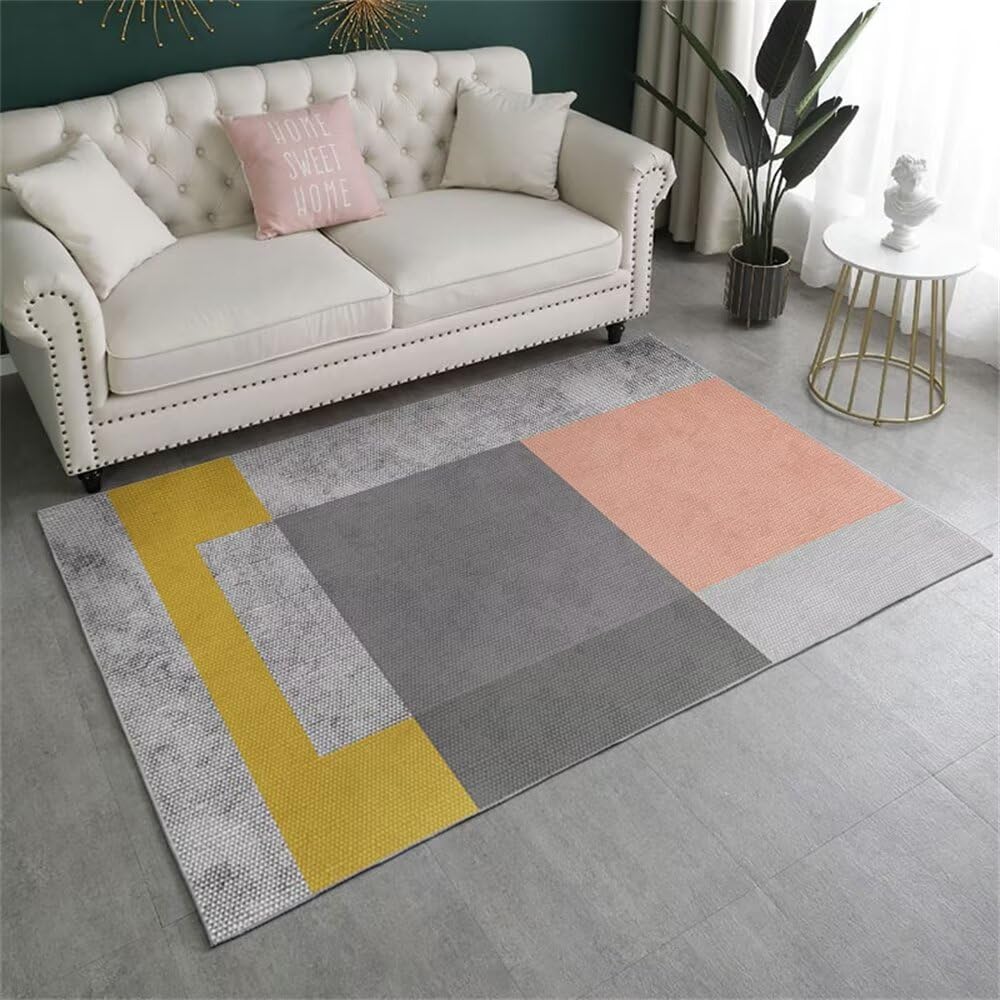 Tapis de salon moderne rose gris géométrique lavable 80x150cm pour terrasse et chambre