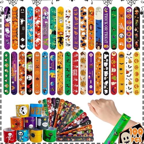 SUNPROUND 100Pcs Halloween Slap Bracelets Halloween Party Favors Treat Toys for Kids Girls Boys Slap Bracelets Bulk for Halloween Party Supplies Halloween Treat Goodie Bags Gifts