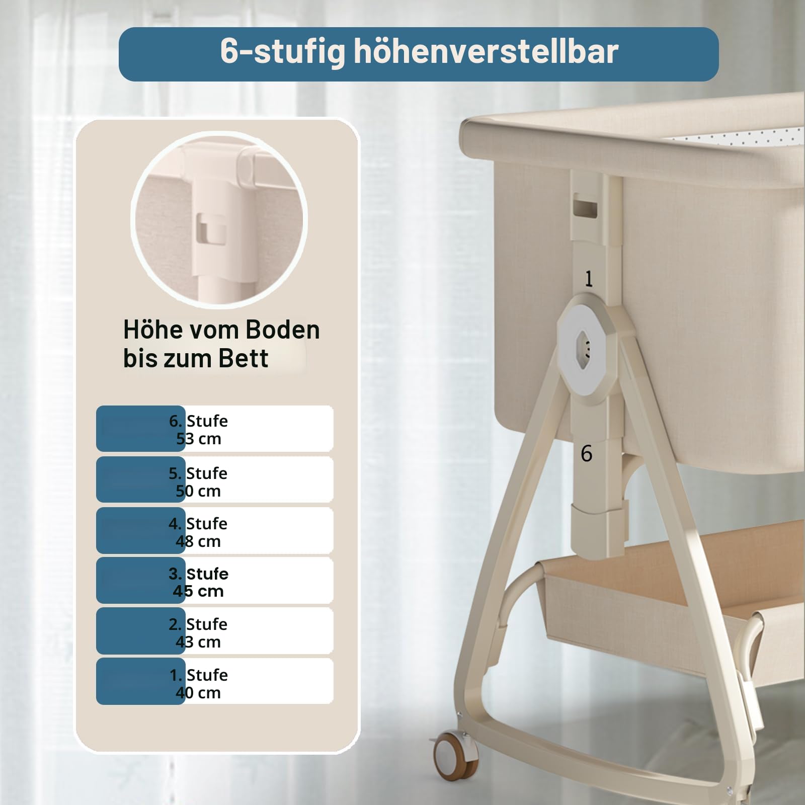 4-in-1 Beistellbett Baby,Convertible Babybett für Co-Sleeping,Baby Reisebett mit Matratze,6 Höhenverstellbar Stubenwagen Baby mit Rollen,Faltbar Kinderbett von 1 bis 36 Monaten (Beige)