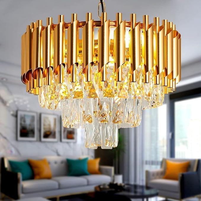 Image of Modern Ceiling Lamp 3-Tier Round Crystal Chandelier for Living Room | Modern Ceiling Light Jhumar for Hall for Home Decoration + 3 Color LED Light (Full Gold, 450MM)