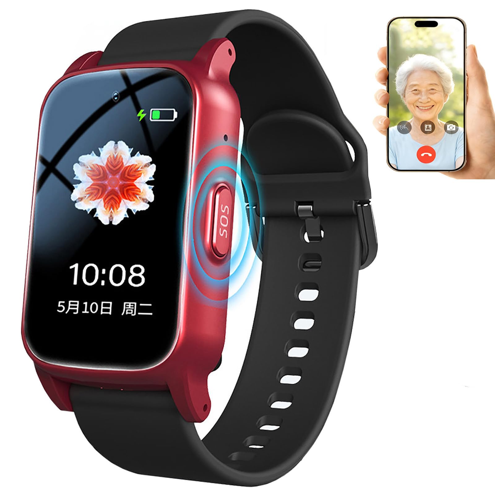 Montre Connectée Anti Chute, Traceur GPS Personne Âgée, écran HD 1,47in, Montre Urgence Senior avec Détection de Chute, Appel Vidéo HD et Bouton SOS, Étanche IP67 pour Alzheimer Red