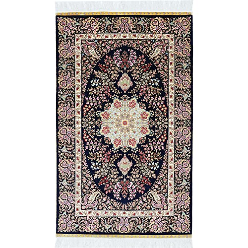 Yuchen Rug 3x5 Blue Handmade Vintage Medallion Rose Silk Rug