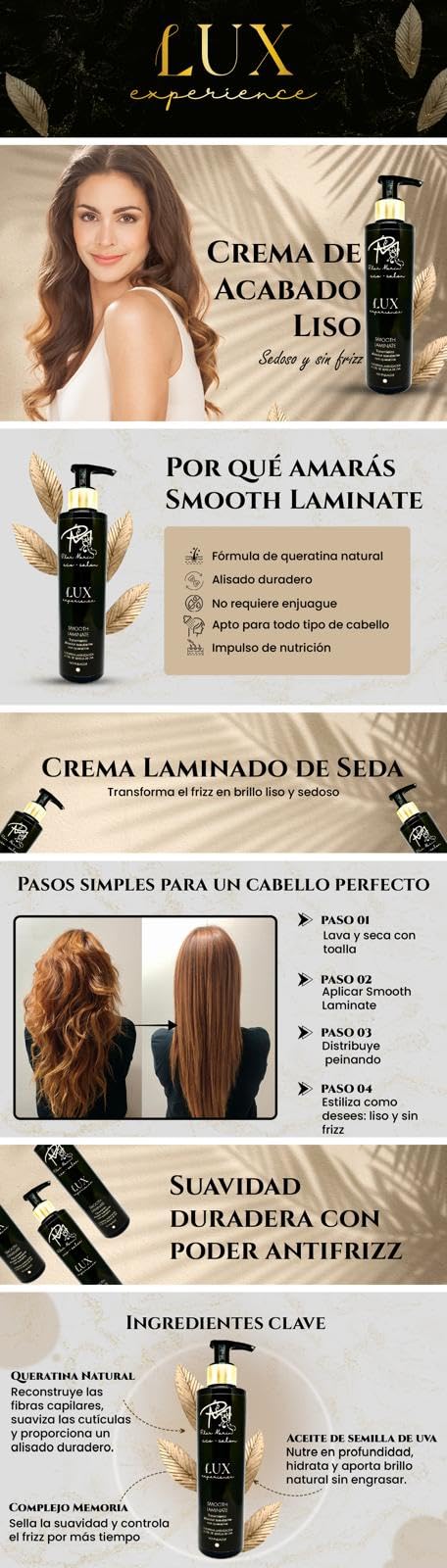 ALISADO DE QUERATINA - SMOOTH LAMINATE - LUX EXPERIENCE 250 ml. Crema Alisadora de Lujo para cabello Encrespado | ideal para Alisado Profesional en Casa | Recomendado por profesionales del cabello.