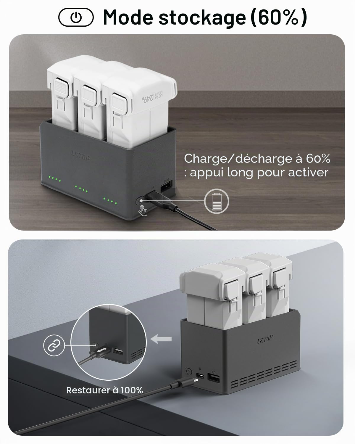 Hub de Charge DJI Mini 4 Pro/3 Series - 100W Bidirectionnel avec LED de Stockage, Mode Alarme, Chargeur Rapide 3X