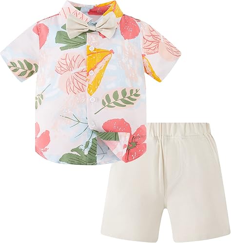 Yruiz Conjunto de traje hawaiano para niño pequeño, camisa floral de verano con corbatín + pantalones cortos