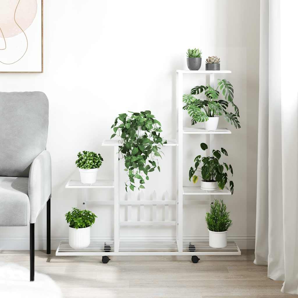 Stojak na kwiaty na kółkach, biały, metalowy, 94,5 x 25 x 92,5 cm, schodek na rośliny i regał na kwiaty, na balkon, taras, do salonu, ogrodu, nowoczesne przechowywanie i dekoracja