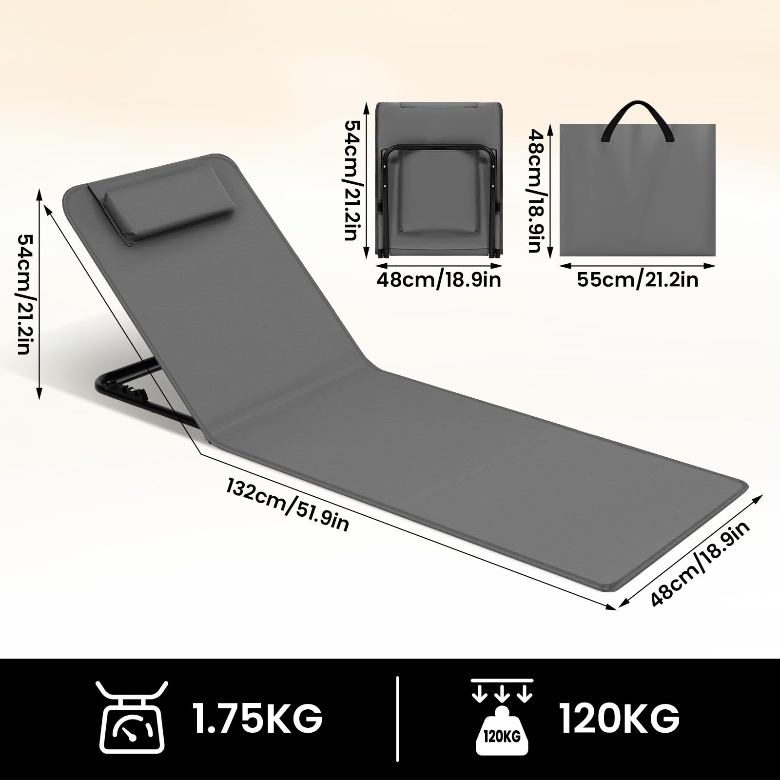 WOLTU Juego de 2 Tumbonas de Playa Plegable, Tumbonas on Respaldo Inclinable en 3 Niveles, con Reposacabezas y Bolsa de Almacenamiento, 48x132x54 cm, Gris Oscuro