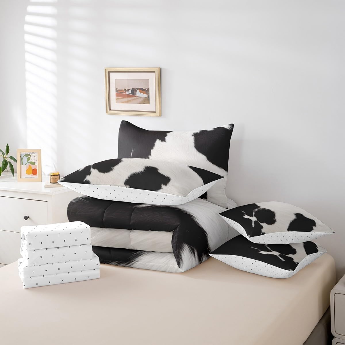 Feelyou Cow Fur Print Comforter Set 7 Piece Twin Size for Kids Adults Cabin Farmhouse Cowhide Bedding Set Western Bedding Twin Comforter Set Boys Bed Set with Sheets, Pillowcases, Pillow Covers