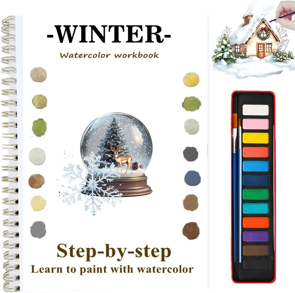 Watercolor Workbooks with Sketches, Beginner Friendly Water Coloring Book Watercolor Paint Set Art Crafts Painting Kit Gift for Adults, Any Level Artist (Winter, with Paint Set)