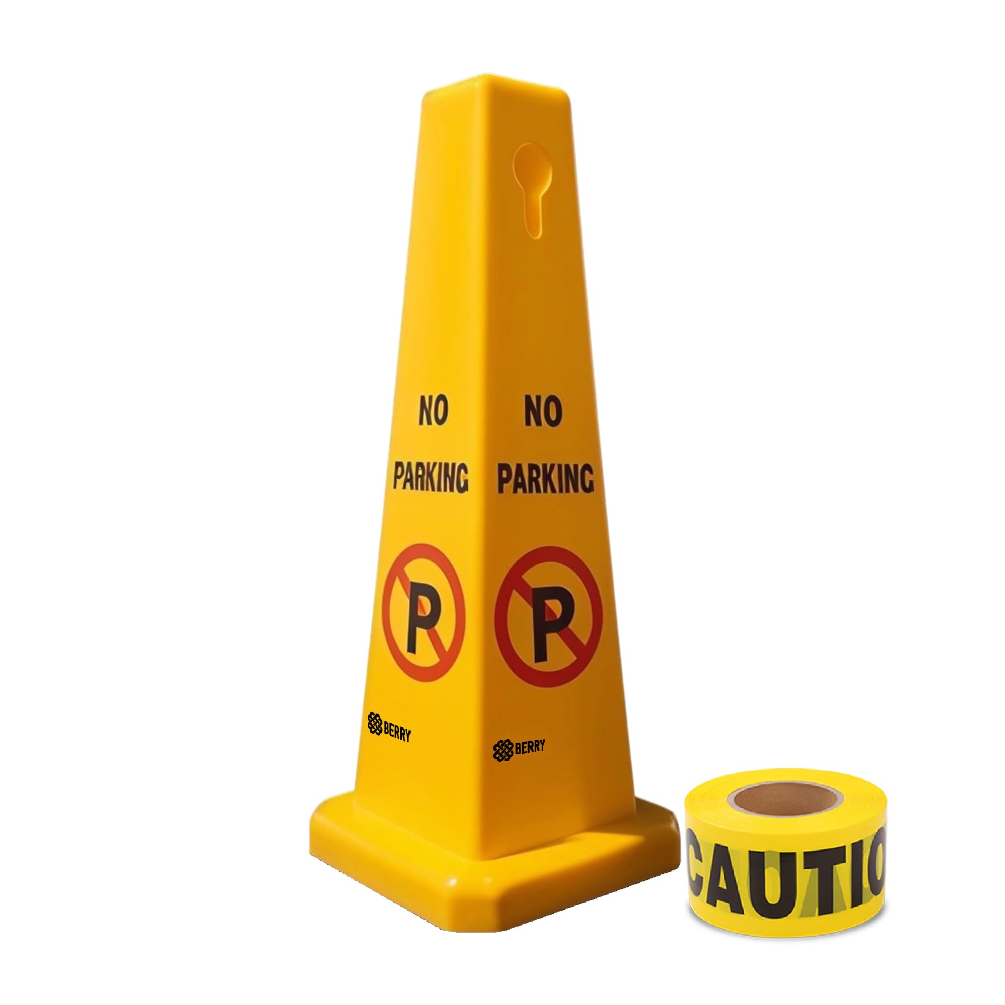 4 Sides No Parking Cones with 2" x 50M Caution Tape, Yellow Warning Sign for Parking Lots, Easily Noticeable Floor Sign for Indoor and Outdoor Use, Residential and Commercial Uses (Yellow, Set of 1)