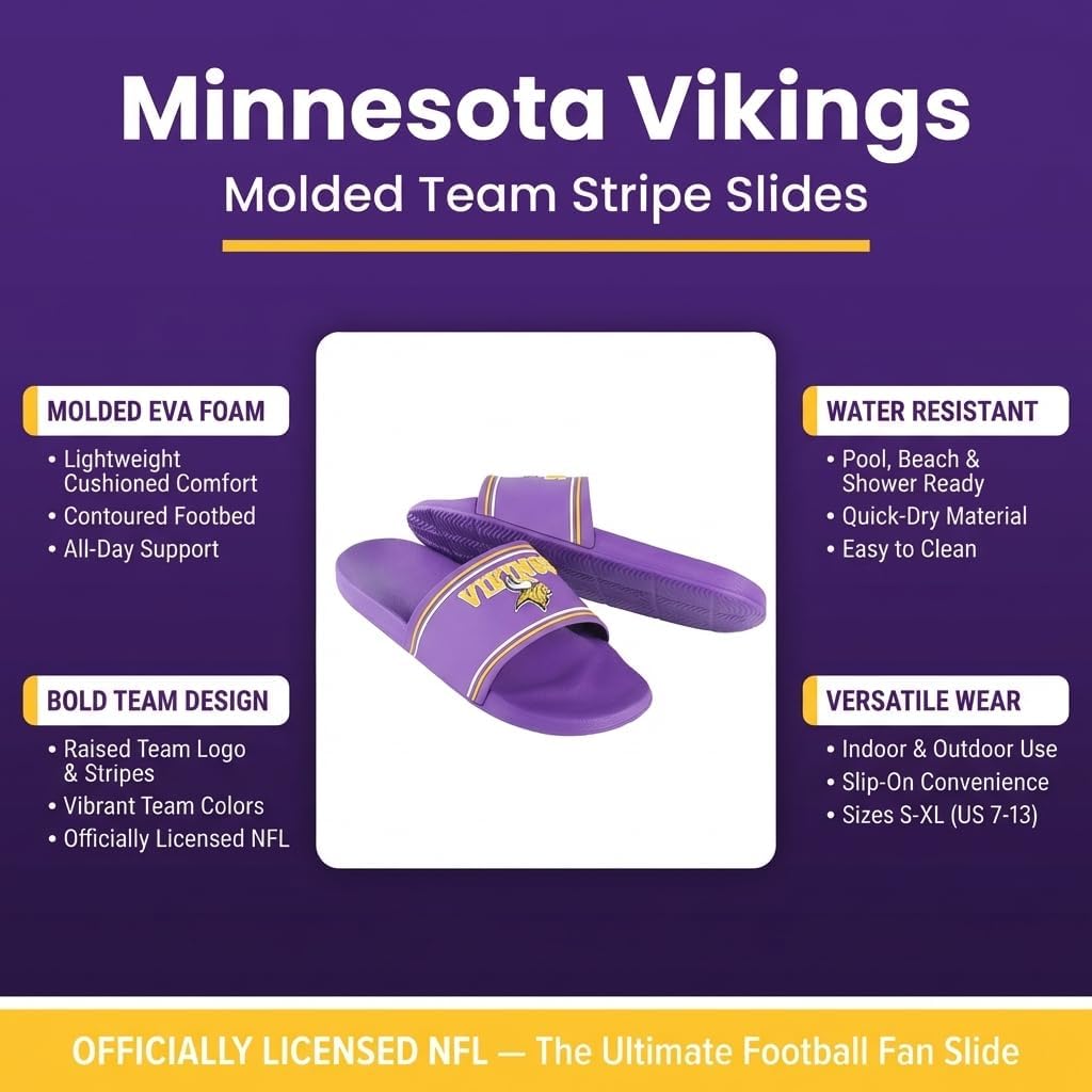 FOCO Minnesota Vikings Slides for Men NFL Molded EVA Foam Sandals | Water Resistant, Officially Licensed
