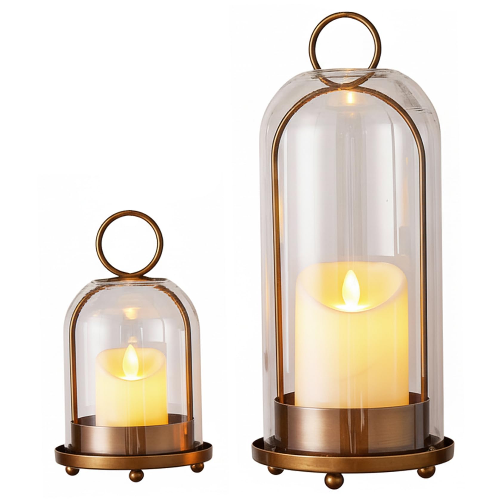 Bemonew Glass Hurricane Candle Holder Set of 2 Hurricane Glass Candle Holders, Golden Metal Holder for Rustic Farmhouse Decor, Clear Candles