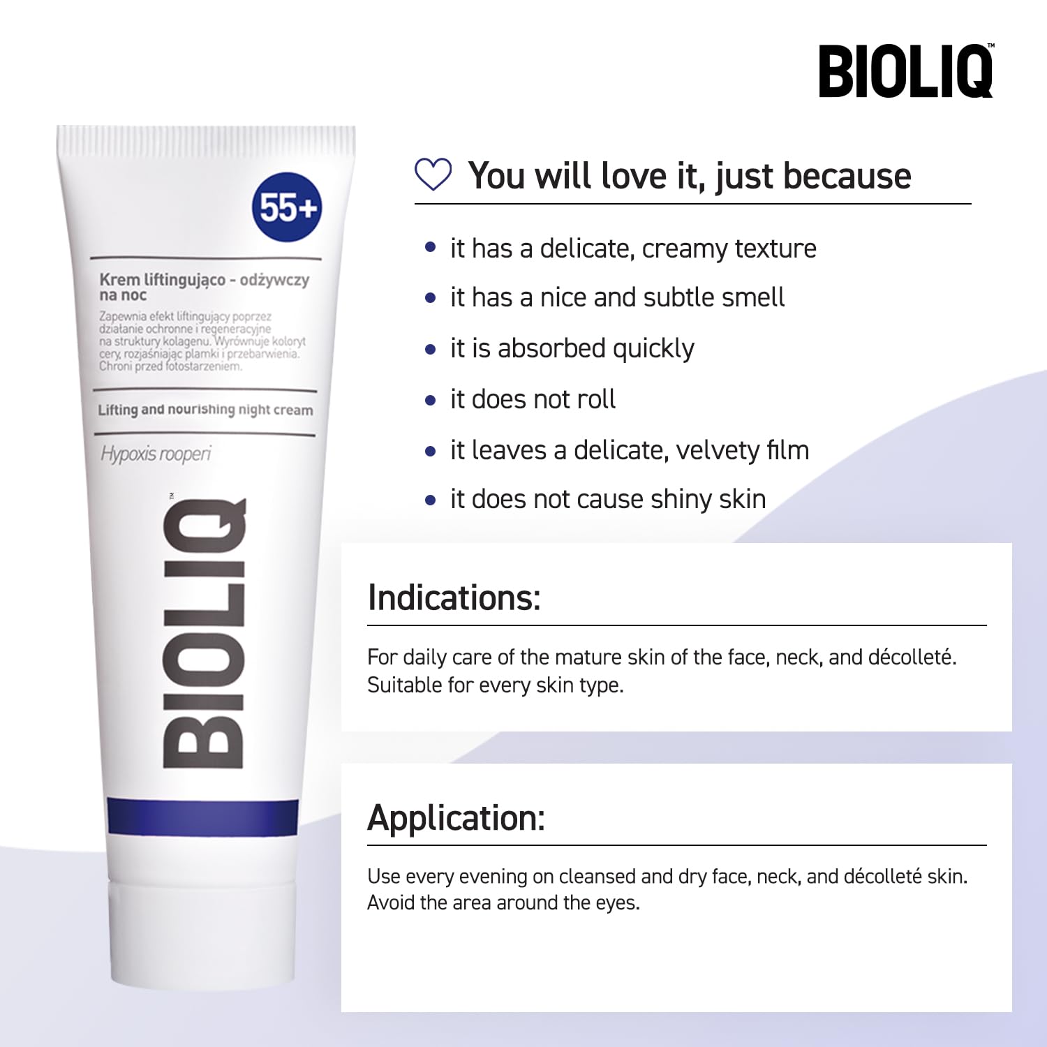 Bioliq 55+ Lifting and Nourishing Night Cream - Anti-Aging Skincare with Biopeptides and African Grass Extract, Promotes Collagen Regeneration, Skin Brightening, Fights Wrinkles and Photoaging - 50ml