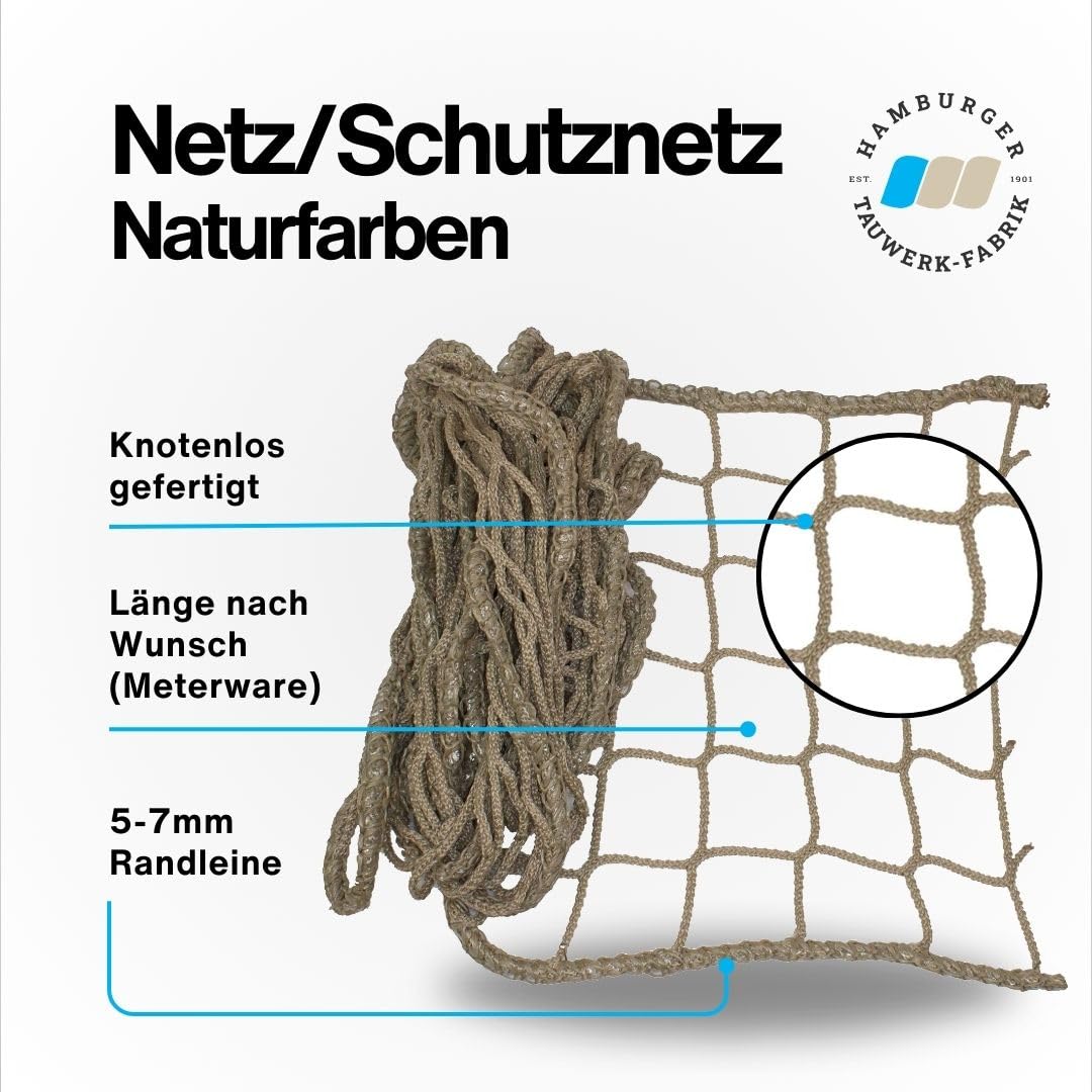 HAMBURGER TAUWERK-FABRIK EST. 1901 Netz, Universal Schutznetz Naturfarben - Breite: 1,0m Meterware (Preis pro Meter) - Made in Germany, Sicherheitsnetz, Balkonnetz, Rausfallschutz, Relingsnetz