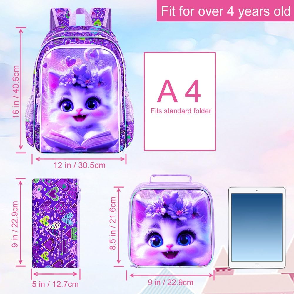 WZLVO 3PCS Kids Cat Bookbag Set, 16" Glittery UV Printing Girls Backpack/School Bag with Lunch Box & Pencil Bag for Preschool to Elementary - Reading Cat Purple