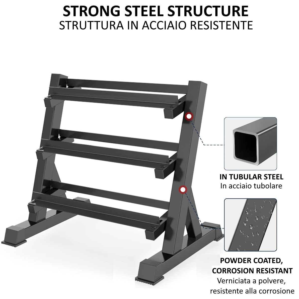 FFitness Rastrelliera per Manubri 3 Livelli Supporto Porta Pesi Bilanciere Kettlebell Rack Carico Max 500 Kg Espositore in Acciaio Multifunzione