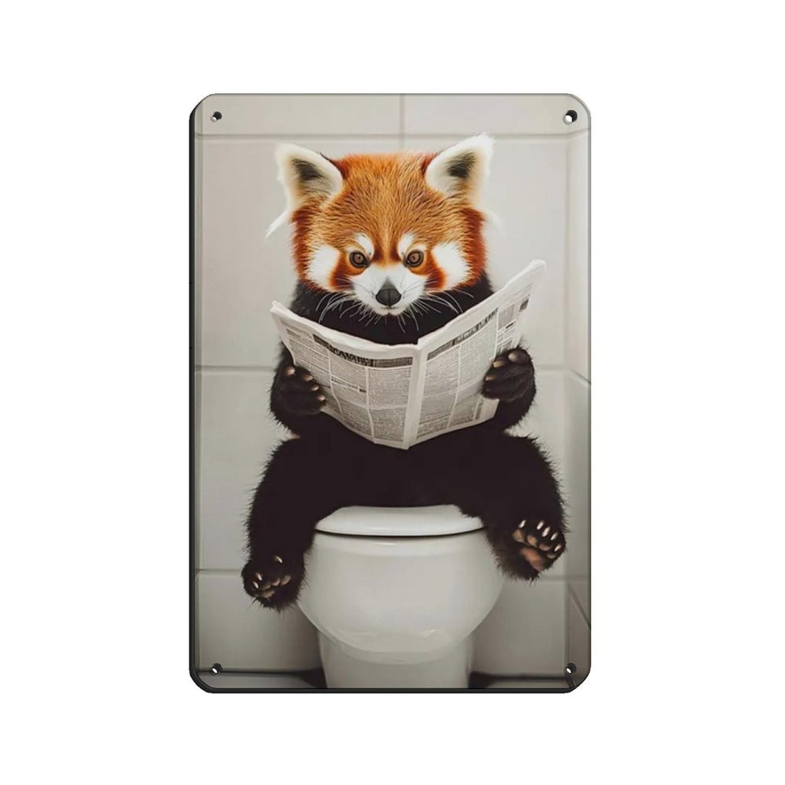 Red Panda Sitting on Toilet Reading Newspaper Retro Poster Metal Tin Sign Chic Art Retro Iron Painting Bar People Cave Cafe Family Garage Poster Wall Decoration 8x12inch(20x30cm)