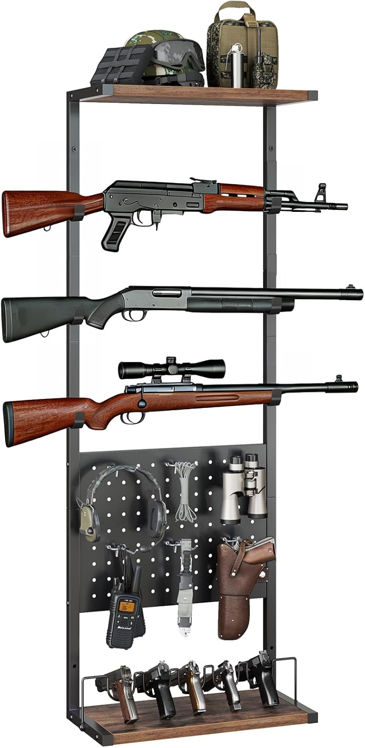 Indoor Gun Rack for Wall, Gun Rack Wall Mount Display, Multi-Functional Gun holder and Gun Shelf, Wall-Mounted Rifle Rack and Pistol Rack with Pegboard(6-hooks),Metal and Wood