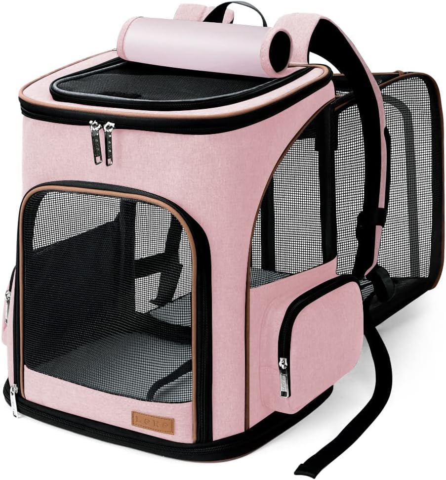 Lekesky Expandable Cat Carrier Backpack - Portable Breathable Rucksack for Medium and Small Cats & Dogs, Foldable with Inner Escape-proof Leash and Pet Mat, Supports 20 lbs (Pink)