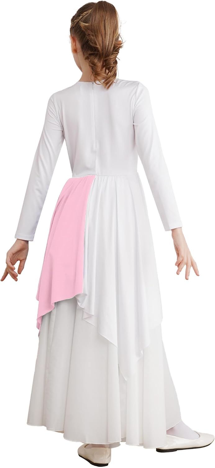 Shinsto Kids Girls Long Sleeve Praise Dance Dress Asymmetrical Liturgical Worship Church Robe Tunic